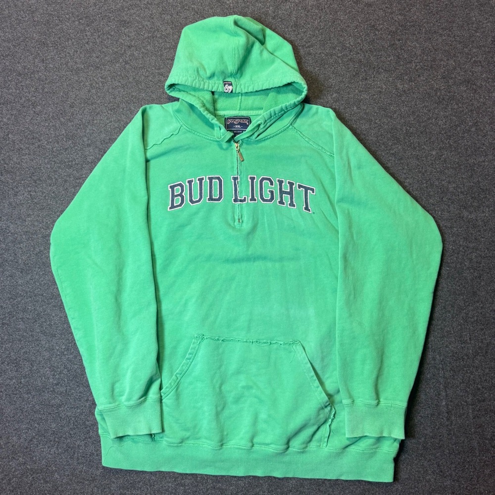 Vintage Jansport Bud Light Hoodie Mens XXL Green Beer Promo Quarter Zip Pullover